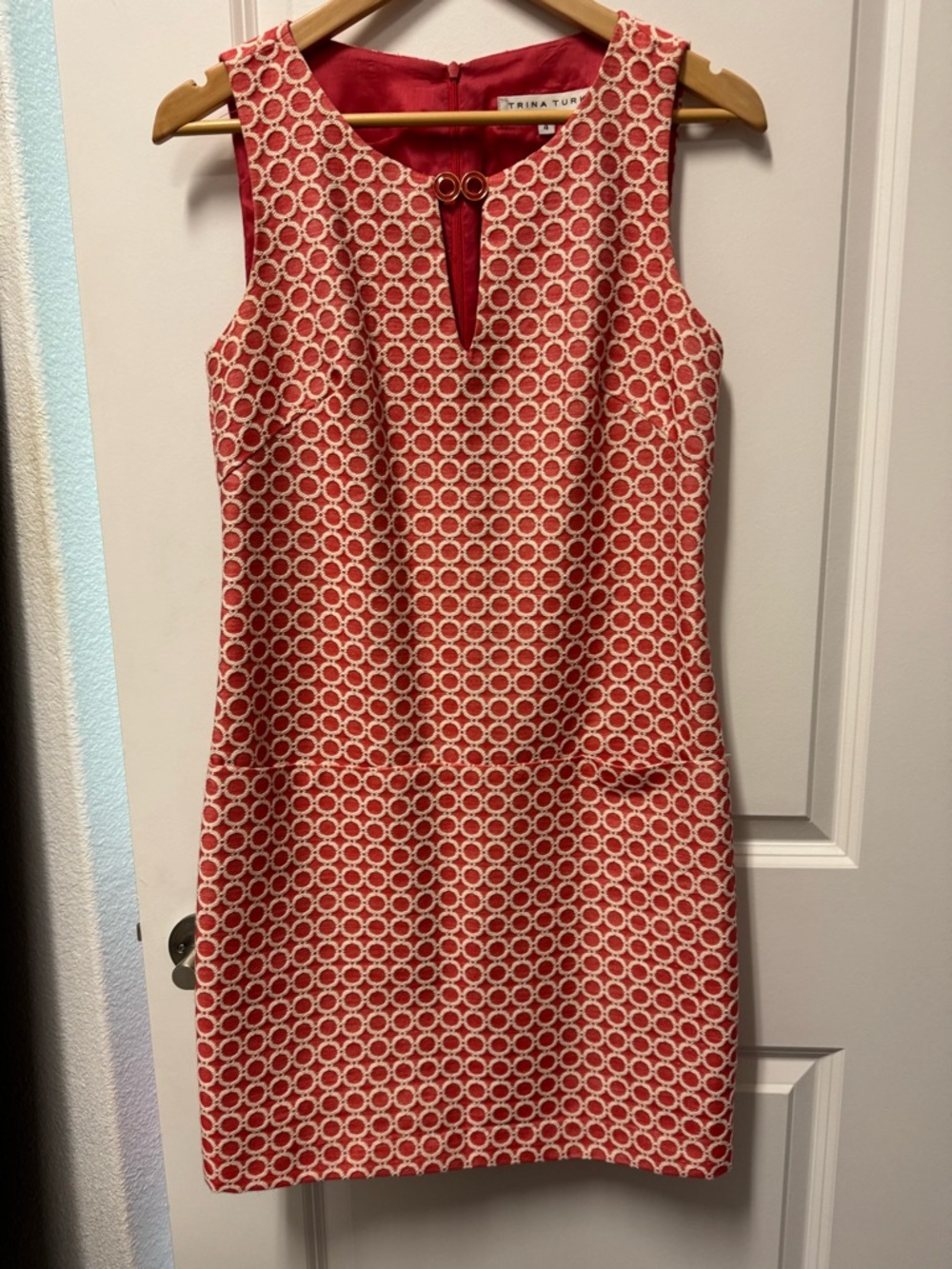 Trina Turk Coral and White Sleeveless Keyhole Sheath Dress